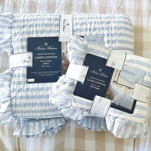 Brooks Brothers Linen Quilt w/ SHAMS Striped Ruffled Set - Light Blue